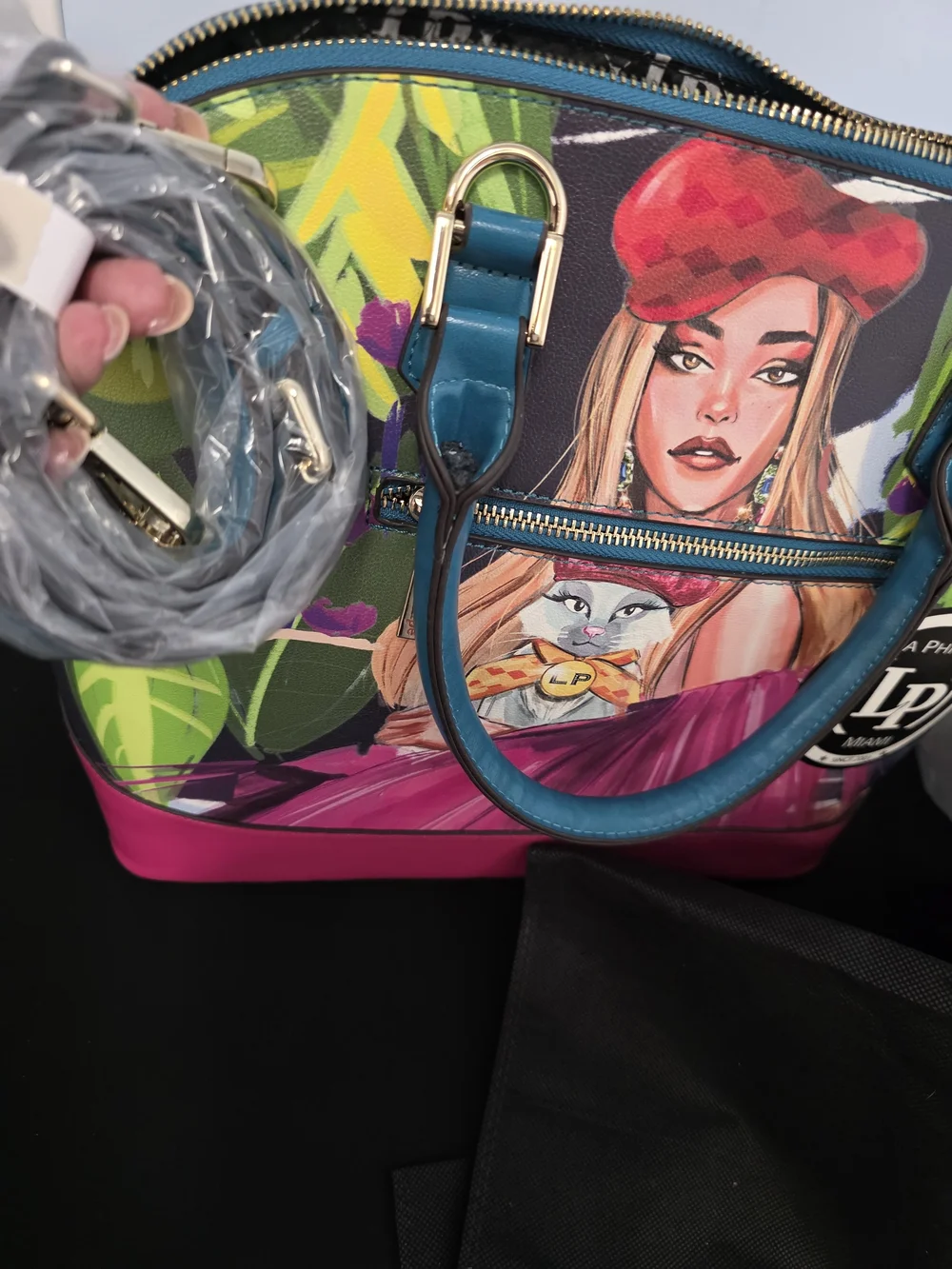 La Philipe Miami Floral Illustration Dome Satchel - Pink/Teal